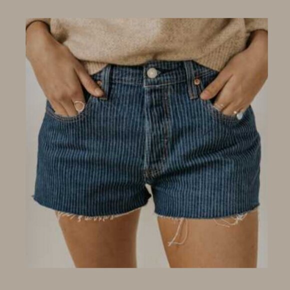 Levi's 501 Shorts Womens 28 Blue Denim Pinstripe High Rise Button Fly Frayed Hem - Picture 1 of 11